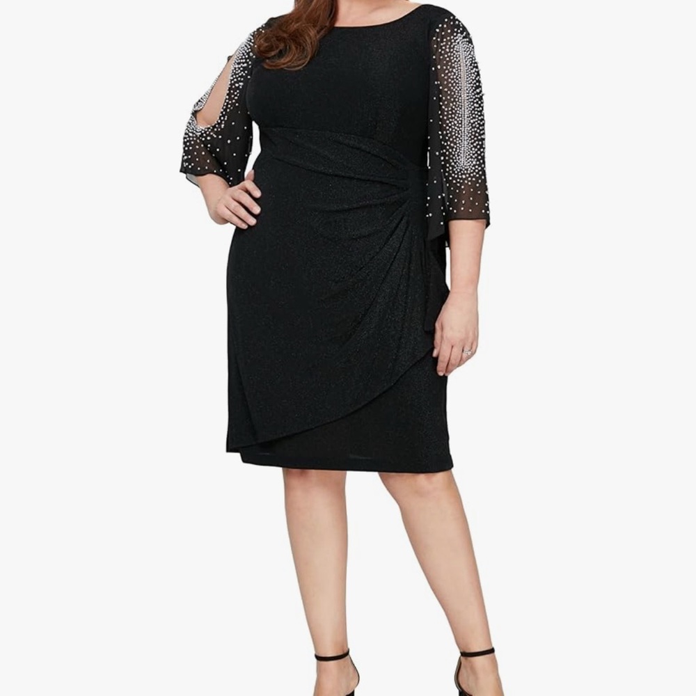 Alex Evenings Black Sequin Ruched Sheath Dress